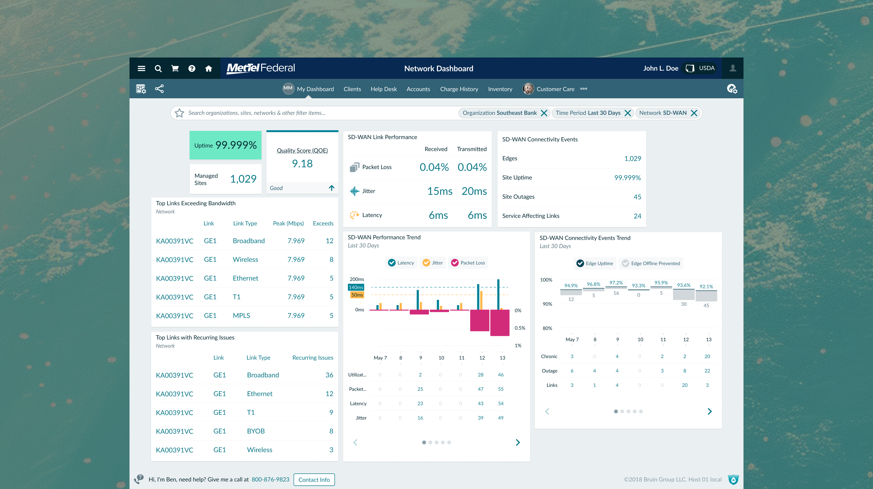 Monitor showing the MetTel Federal dashboard next to physical printed reports