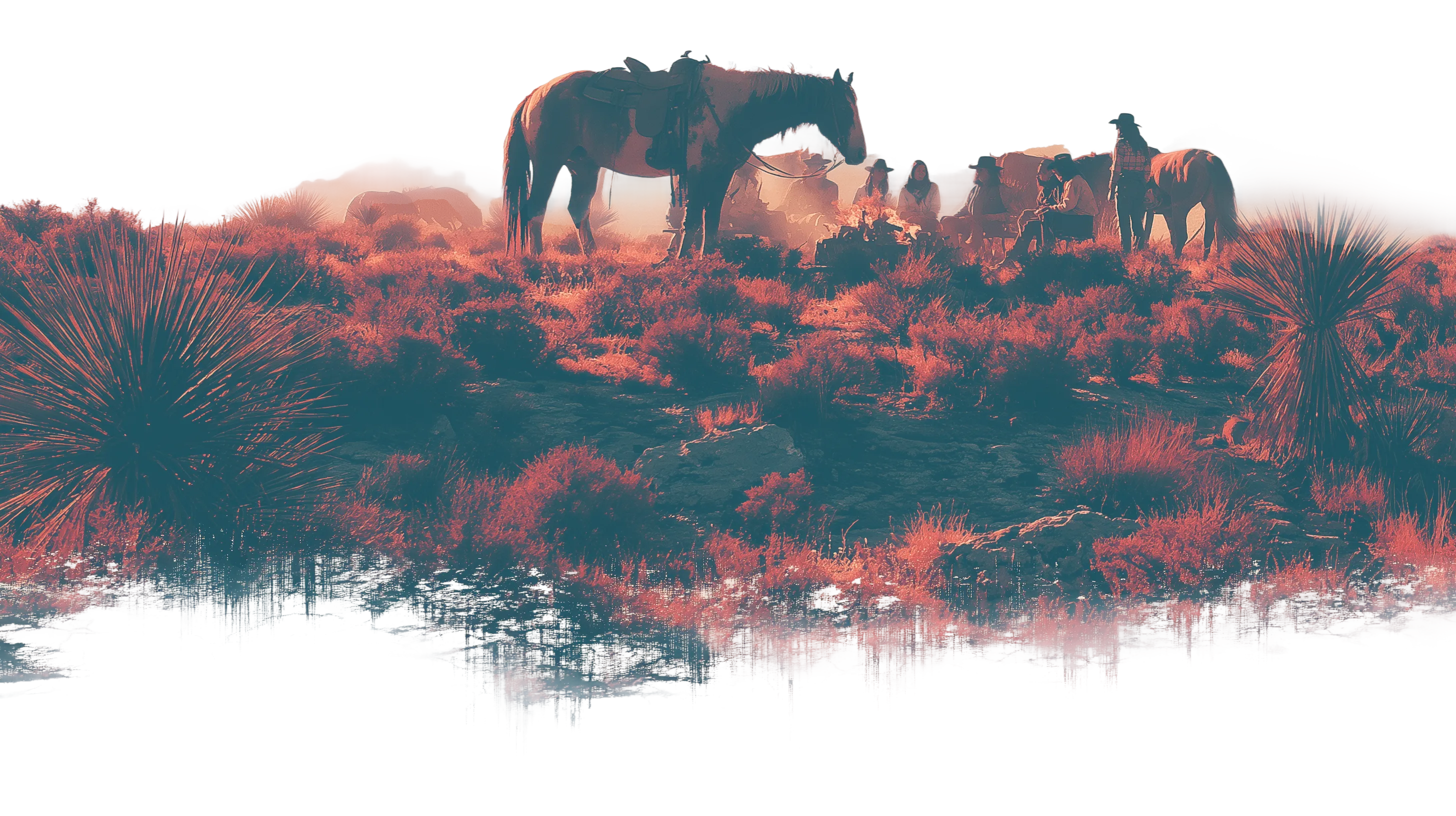 Panoramic horses in desert landscape